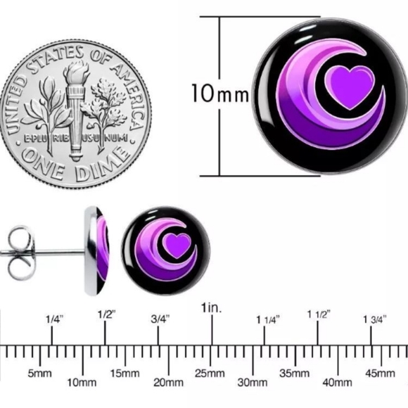 Crescent Moon Heart Stud Earrings - Picture 4 of 4